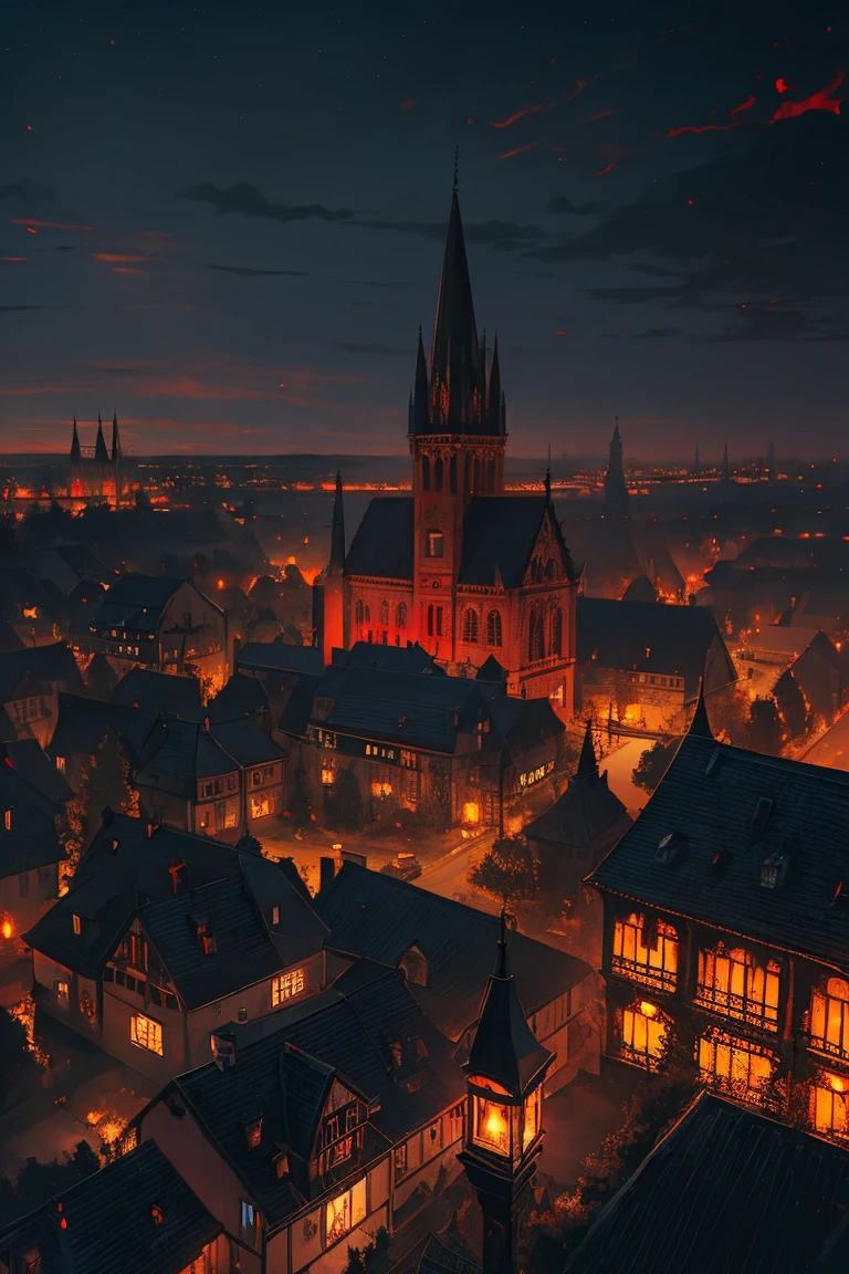 old European village shot with bird view, (Red glowing eyes), masterpiece, Depth of written boundary, Lutz, Gwaites style artwork, Gothic aesthetics, Dark Vampire village, ((in the dark gothic style cathle:1)), ((dark mid-night time:1.5)),