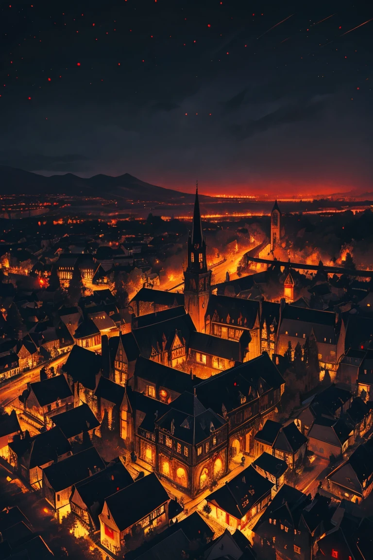 old European village shot with bird view, (Red glowing eyes), masterpiece, Depth of written boundary, Lutz, Gwaites style artwork, Gothic aesthetics, Dark Vampire village, ((in the dark gothic style cathle:1)), ((dark mid-night time:1.5)),