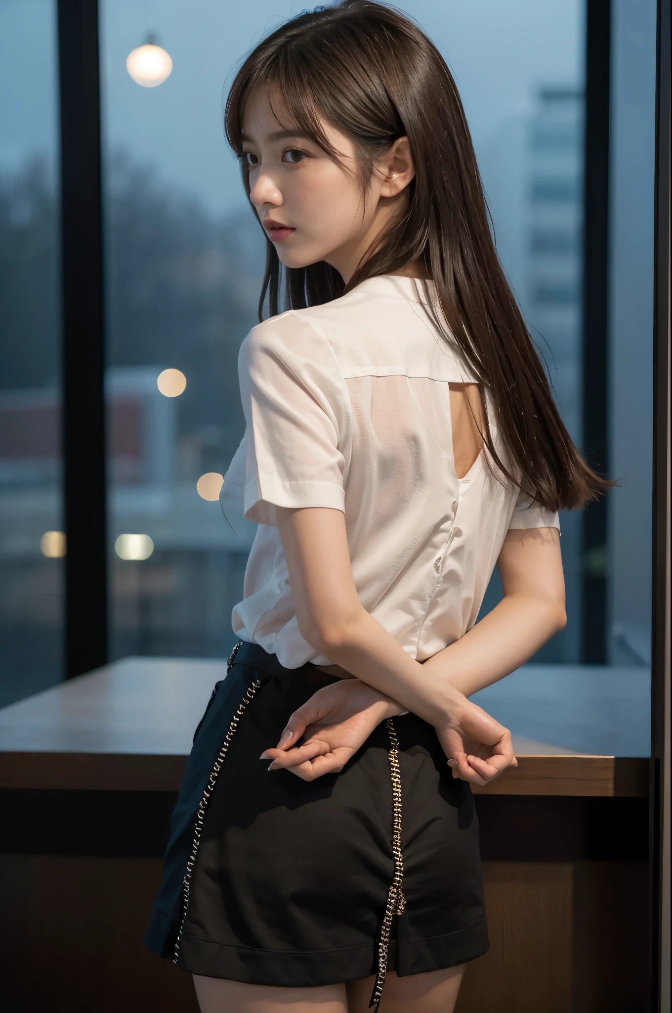 Kidnapped Woman、His hands are tied、((Place your hands behind your back))、((Place your hands together and cross them behind your back))、(((Her wrists are tied with rope)))、shibari、Beauty、20age、university student、(anatomicaly, Has two arms and two hands)、In a hotel room with the lights on、Stand by the window、Outside the window is the night sky、There are many stars、Wearing a short-sleeved blouse、Wear a high school student-style miniskirt、Uniform eyes、Proportioned proportions、Small breasts、Small face、(I can see from head to heel), Black Hair, bangs, swept bangs, Straight hair, Nervous, Messy Hair, Floating hair, Cinema Lighting, tachi-e, First-person view, throw, From behind, F/1.2, Nikon, Surrealism, 超High resolution, Highest quality, High resolution, 8k, Textured skin, anatomicaly正しい体,