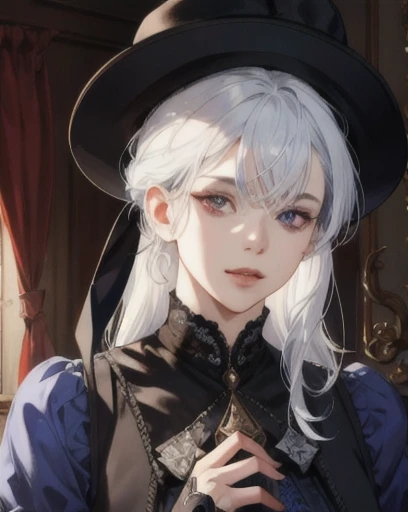a determined victorian era female merchant in her late 20's, hat, blue dress, straight white hair, monocle, striking purple eyes, side-swept bangs, long black gloves, detailed realistic portrait, photorealistic, hyperrealistic, 8k, detailed clothing, beautiful detailed eyes, beautiful detailed lips, extremely detailed face, intricate ornate details, cinematic lighting, dramatic shadows, warm color tones, natural lighting, highly detailed, masterpiece, artstation, sharp focus, hyper detailed, full body