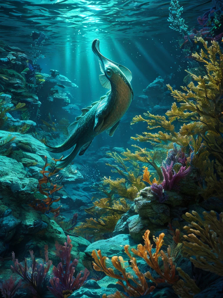 a hyppocampe, a mythical seahorse-like creature, realistic, highly detailed, intricate scales, glowing ethereal presence, swirling ocean currents, underwater kelp forest, dramatic lighting, vibrant colors, cinematic composition, photorealistic, 8k, (best quality,4k,8k,highres,masterpiece:1.2),ultra-detailed,(realistic,photorealistic,photo-realistic:1.37)