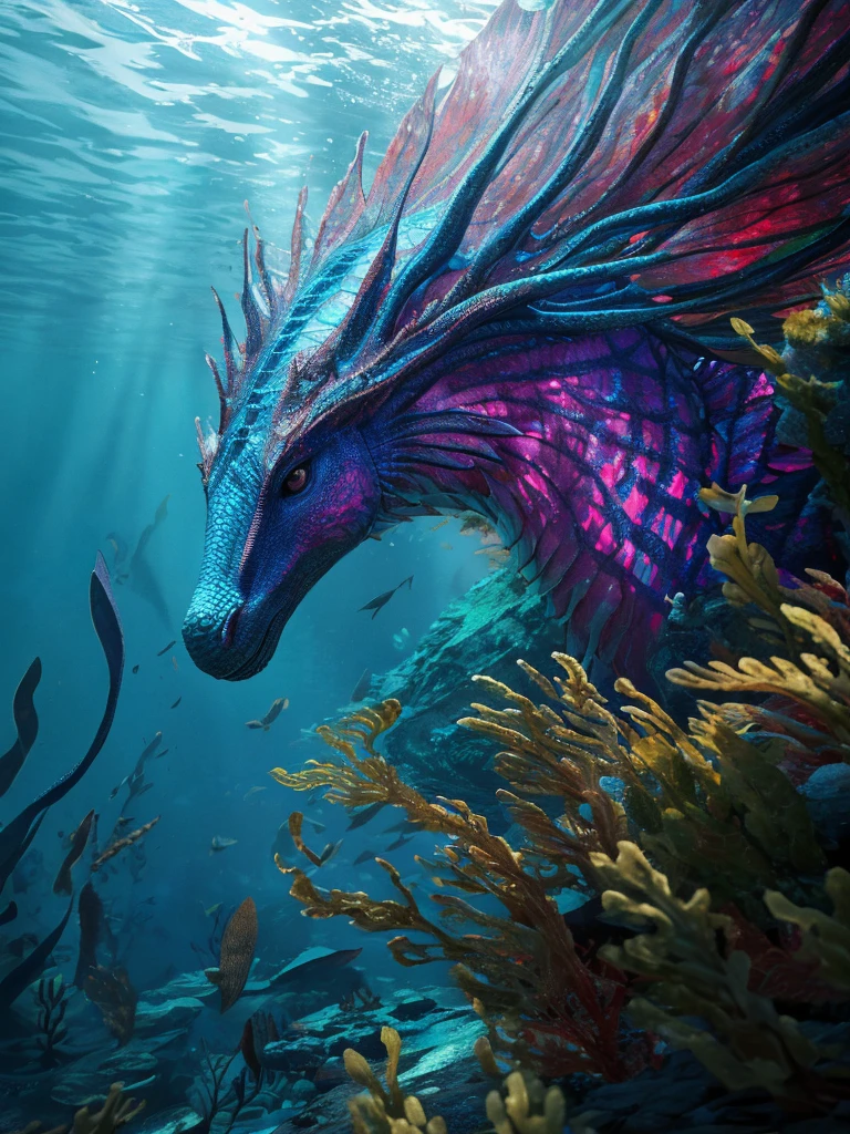 a hyppocampe, a mythical seahorse-like creature, realistic, highly detailed, intricate scales, glowing ethereal presence, swirling ocean currents, underwater kelp forest, dramatic lighting, vibrant colors, cinematic composition, photorealistic, 8k, (best quality,4k,8k,highres,masterpiece:1.2),ultra-detailed,(realistic,photorealistic,photo-realistic:1.37)
