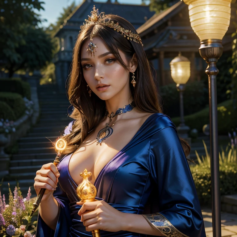 (masterpiece, best quality:1.5), highest quality, High resolution, super detailed, Realists, Upper body photo of a brunette sorceress, detailed and beautiful eyes, beautiful detailed lips, very detailed eyes and face, longeyelashes, shiny satin dress, Holding a wand in your hand and performing a transformation spell (Snake in the other hand, Magic wands present and shiny, Beautiful and colorful makeup, elegant and noble々The jewelry bag, Gardens as background, soft daylight, bright colors, fine brushstrokes, Portrait style, Silk dress fabric, beautiful color palette, glowing skin, First-class rendering, that captures every detail, enchanting atmosphere, subtle shadows and lights, (perfect anatomy:1.2), (The stunning sorceress turns a snake into a lantern (a transformation with the magic wand:1.4), (magnificent panorama view:1.2)