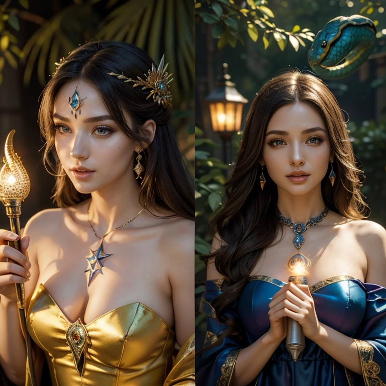 (masterpiece, best quality:1.5), highest quality, High resolution, super detailed, Realists, Upper body photo of a brunette sorceress, detailed and beautiful eyes, beautiful detailed lips, very detailed eyes and face, longeyelashes, shiny satin dress, Holding a wand in your hand and performing a transformation spell (Snake in the other hand, Magic wands present and shiny, Beautiful and colorful makeup, elegant and noble々The jewelry bag, Gardens as background, soft daylight, bright colors, fine brushstrokes, Portrait style, Silk dress fabric, beautiful color palette, glowing skin, First-class rendering, that captures every detail, enchanting atmosphere, subtle shadows and lights, (perfect anatomy:1.2), (The stunning sorceress turns a snake into a lantern (a transformation with the magic wand:1.4), (magnificent panorama view:1.2)