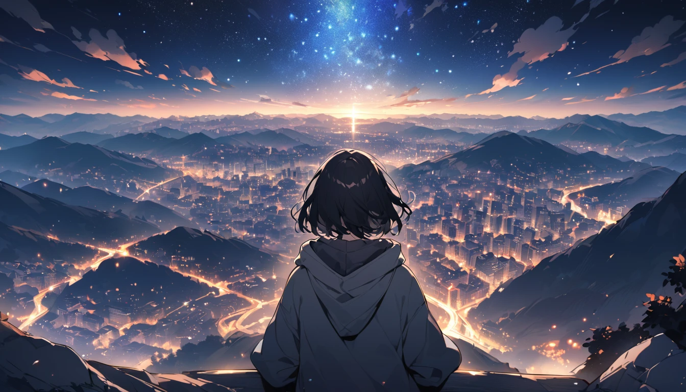 Starry Sky、One woman、Black Hair、Short Hair、Hair blowing in the wind、Wearing a hoodie、Back view、Full body portrait、Overlooking the city from the top of the mountain