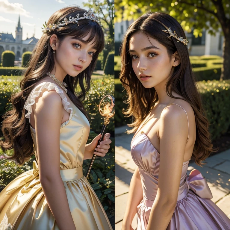 (​masterpiece, best quality:1.5), highest quality, High resolution, super detailed, Realists, Upper body photo of a brunette 14 year old magical girl, detailed and beautiful eyes, beautiful detailed lips, very detailed eyes and face, longeyelashes, shiny satin dress, Holding a wand in your hand and performing a transformation spell, Magic wands present and shiny, Beautiful and colorful makeup, elegant and noble々The jewelry bag, Gardens as background, soft daylight, bright colors, fine brushstrokes, Portrait style, Silk dress fabric, beautiful color palette, glowing skin, First-class rendering, that captures every detail, enchanting atmosphere, subtle shadows and lights, (perfect anatomy:1.2), (The two stunning 14 and 12 year old magic girls transform chocolate (a transformation with the magic wand:1.4), (magnificent panorama view:1.2)