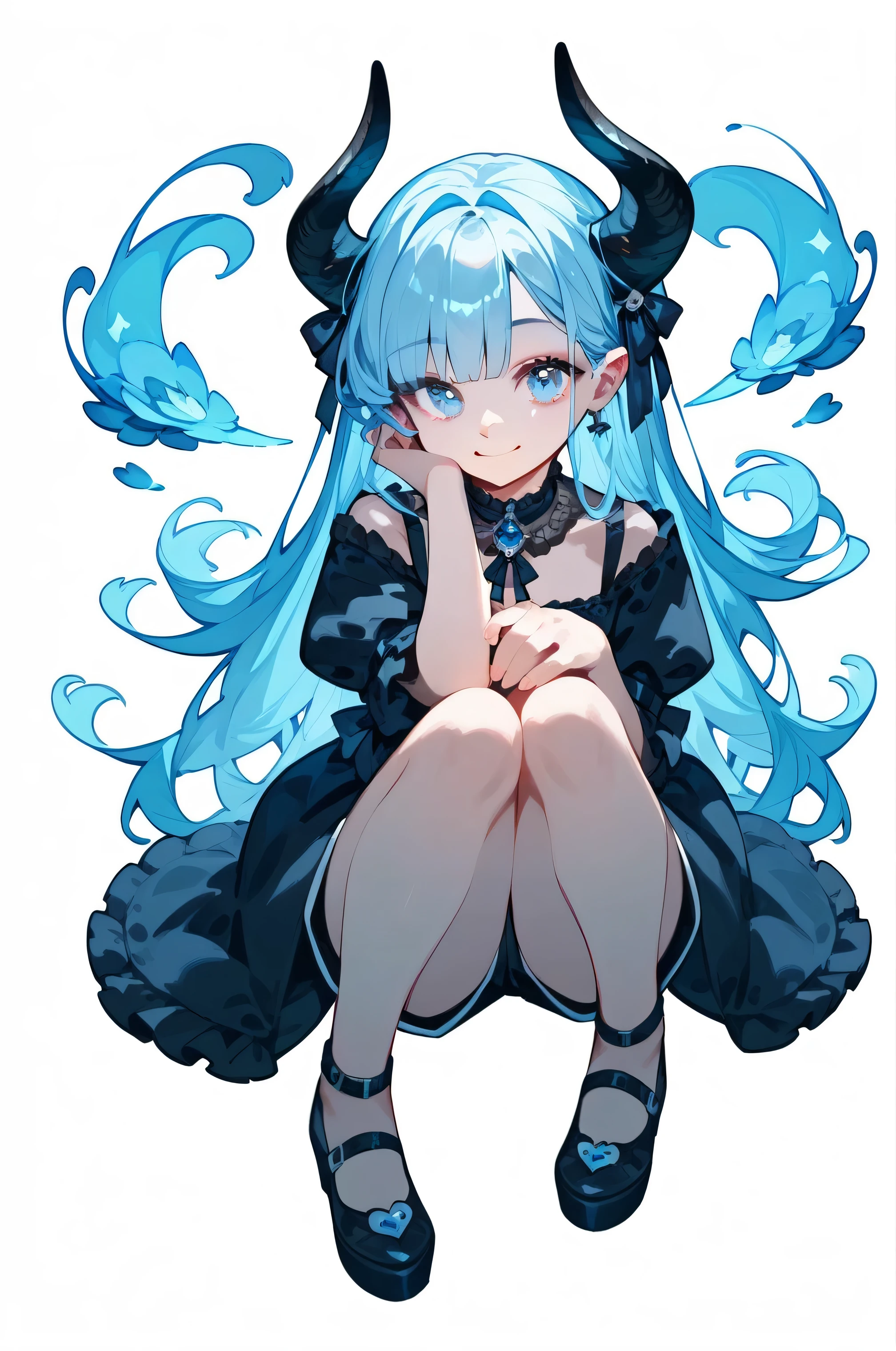 masterpiece, 1girl, solo, looking at viewer, ****ung and gorgeous girl, There is a pair of brownish-black horns on the head, light blue hair, light blue eyes,beautiful eyes, gothic, smile, ((full body)), (((no background))), transparent background, welcome, short pants