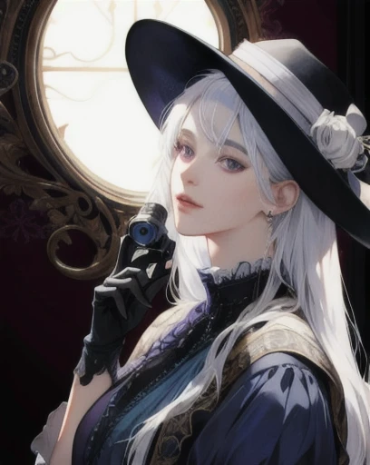a determined victorian era female merchant in her late 20's, hat, blue dress, straight white hair, monoculars, striking purple eyes, side-swept bangs, long black gloves, detailed realistic portrait, photorealistic, hyperrealistic, 8k, detailed clothing, beautiful detailed eyes, beautiful detailed lips, extremely detailed face, intricate ornate details, cinematic lighting, dramatic shadows, warm color tones, natural lighting, highly detailed, masterpiece, artstation, sharp focus, hyper detailed, full body