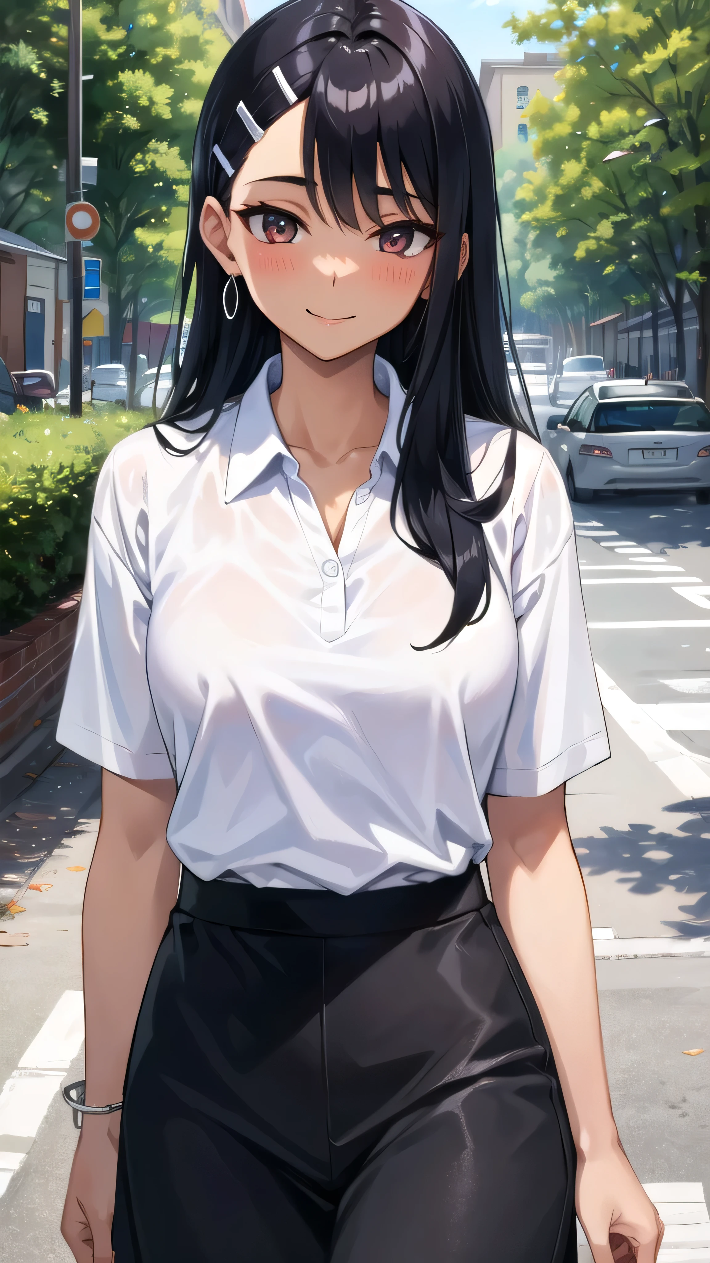((best quality)), ((masterpiece)), (details), one girl, sexy ((best quality)), ((masterpiece)), (details), one girl, sexy ((best quality)), ((masterpiece)), (details), one girl, full body, sexy expensive body, expensive, long legs, mature woman, mature, adult, it_nagatoro_main, Hayase Nagatoro, one girl, blushing, alone, white polo shirt, short sleeves, black hair,brown eyes, hair accessory, looking at viewer, hair clip, smiling, long hair, dark skinned woman, dark skin, , bangs, daytime, skirt, collared shirt, collarbone, ear clip, mouth closed, tree, asymmetrical bangs, upper body