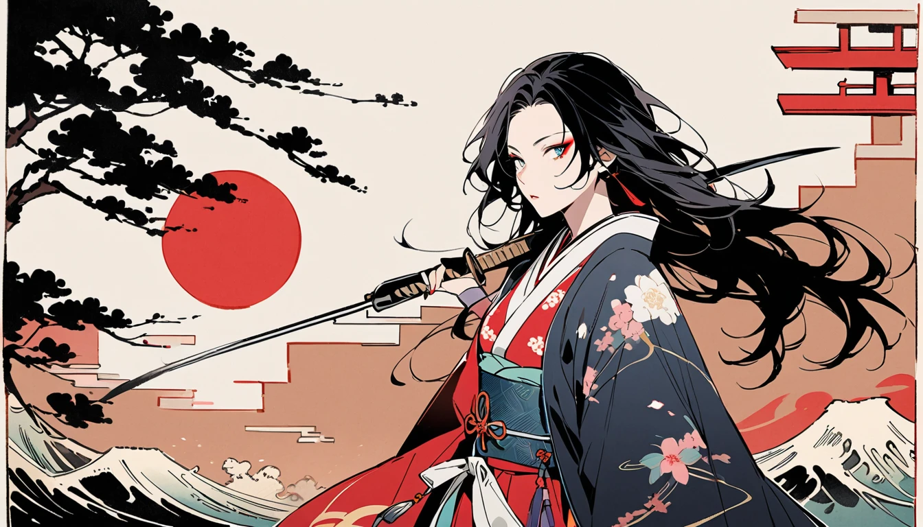 (((Ink Painting))), (((Japan刀))), (((1 girl))), (((Flashy makeup))), (((warrior))), (((Izanami))), Japan人の美少女, Black Hair, Delicate and precise, Modern ukiyo-e style,Japan, Japanese flag