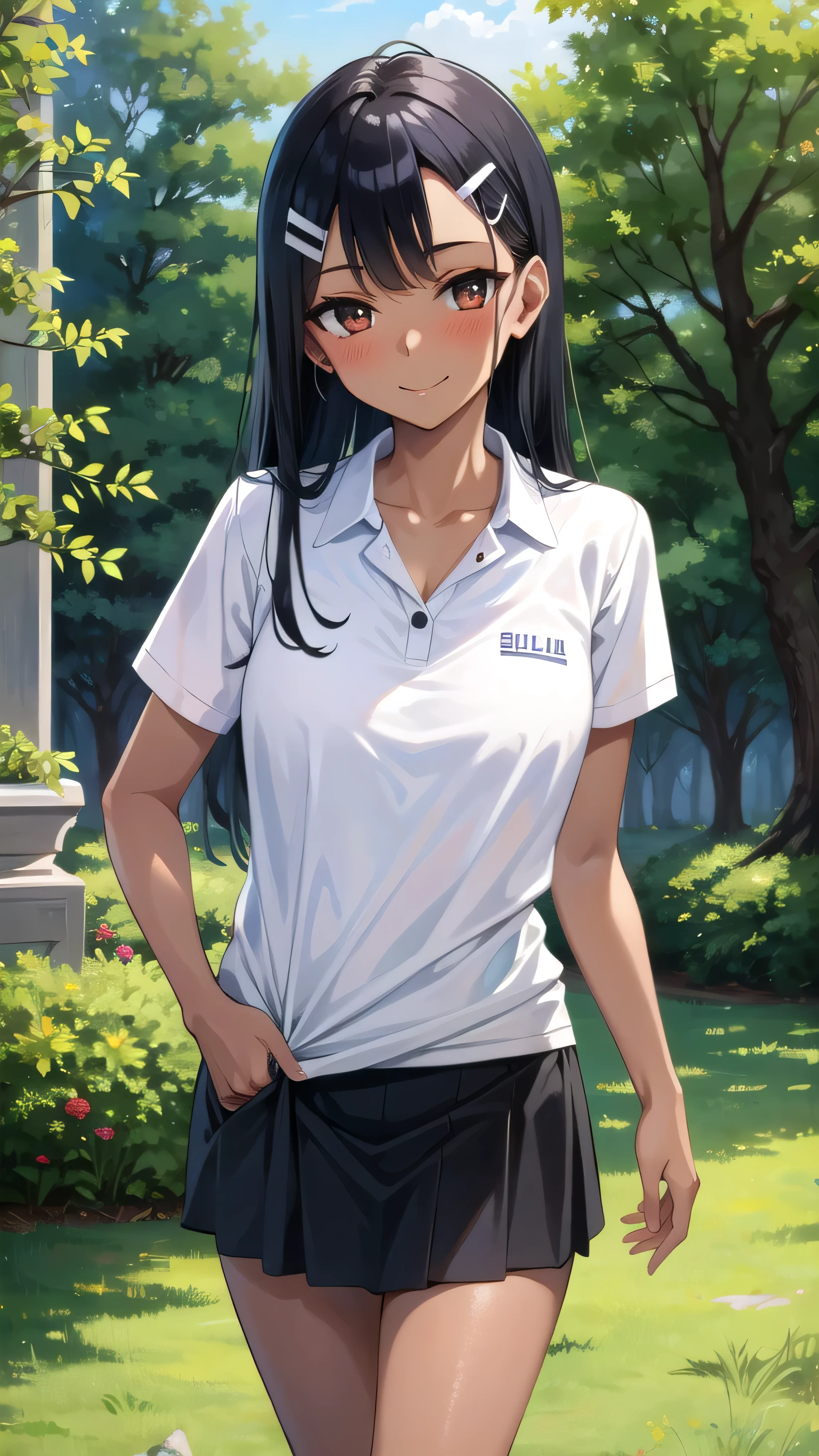 ((best quality)), ((masterpiece)), (details), one girl, sexy ((best quality)), ((masterpiece)), (details), one girl, sexy ((best quality)), ((masterpiece)), (details), one girl, full body, sexy expensive body, expensive, long legs, mature woman, mature, adult, it_nagatoro_main, Hayase Nagatoro, one girl, blushing, alone, white polo shirt, short sleeves, black hair,brown eyes, hair accessory, looking at viewer, hair clip, smiling, long hair, dark skinned woman, dark skin, , bangs, daytime, skirt, collared shirt, collarbone, ear clip, mouth closed, tree, asymmetrical bangs, upper body