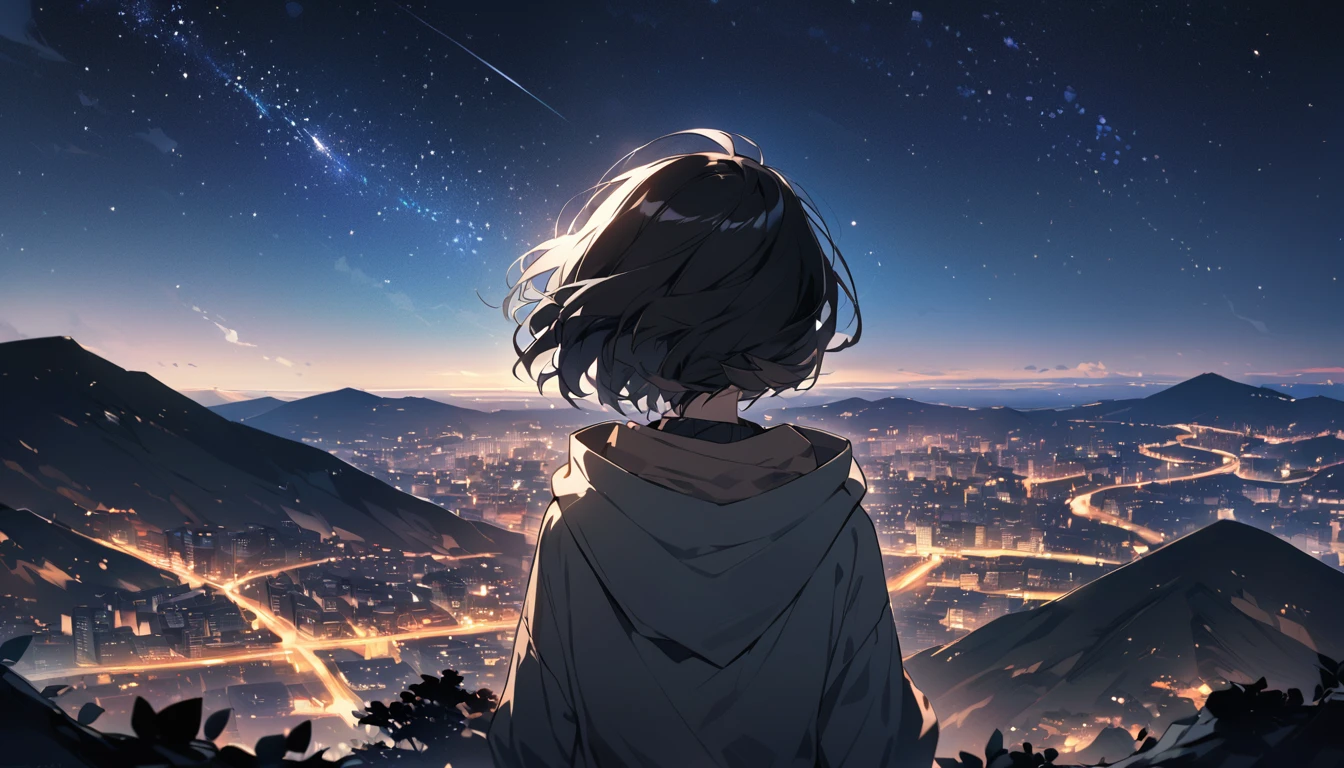 Starry Sky、One woman、Black Hair、Short Hair、Hair blowing in the wind、Wearing a hoodie、Back view、Full body portrait、Overlooking the city from the top of the mountain