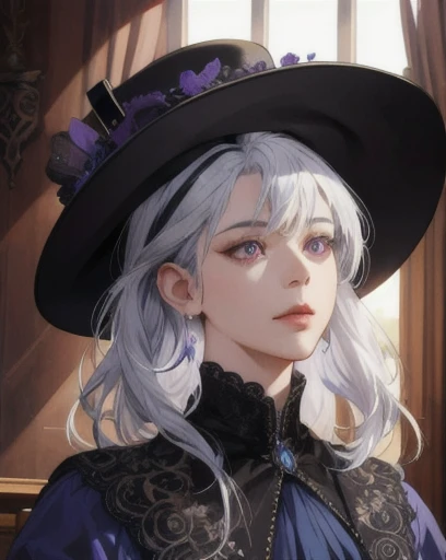 a determined victorian era female merchant in her late 20's, hat, blue dress, straight white hair, (monoculars), striking purple eyes, side-swept bangs, long black gloves, detailed realistic portrait, photorealistic, hyperrealistic, 8k, detailed clothing, beautiful detailed eyes, beautiful detailed lips, extremely detailed face, intricate ornate details, cinematic lighting, dramatic shadows, warm color tones, natural lighting, highly detailed, masterpiece, artstation, sharp focus, hyper detailed, full body