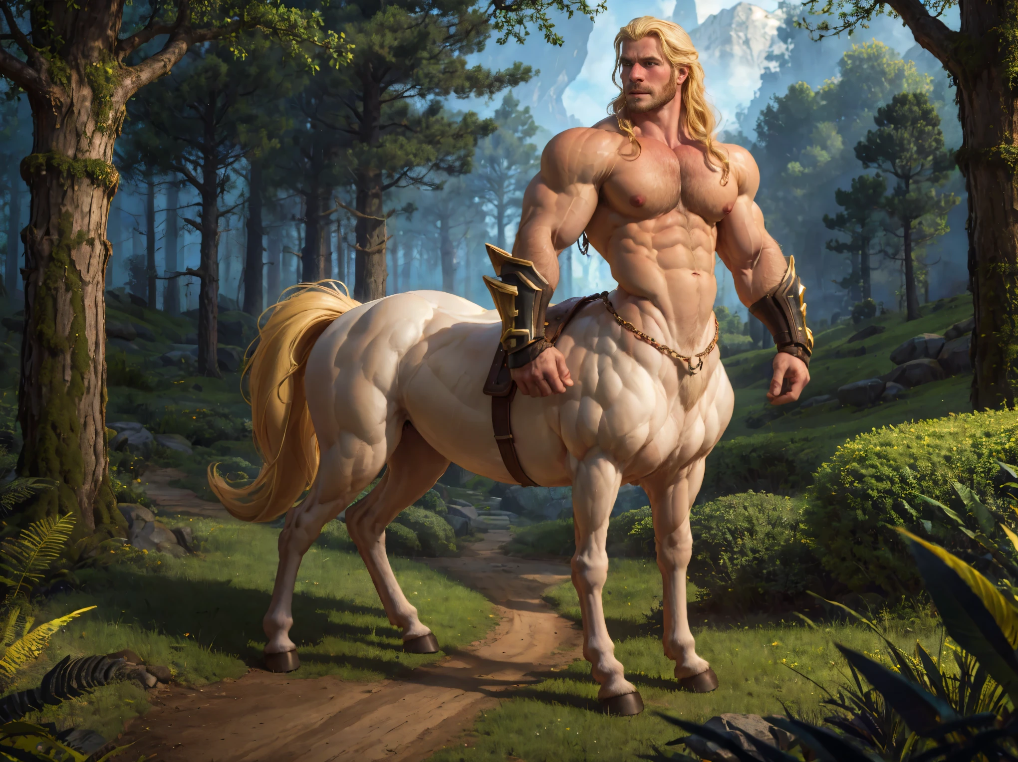 Very detailed, full color, full body photograph of a centaur..:1.2, standing, high, long, blonde hair, yellow hair, gauntlets, showing chest, ((hairy chest+)) Caucasian, ((White skin)) raising a victorious arm, detailed muscular physique, Realistic representation, 4k resolution. below: deep forest, 32k UHD, Best Quality, masterpiece.