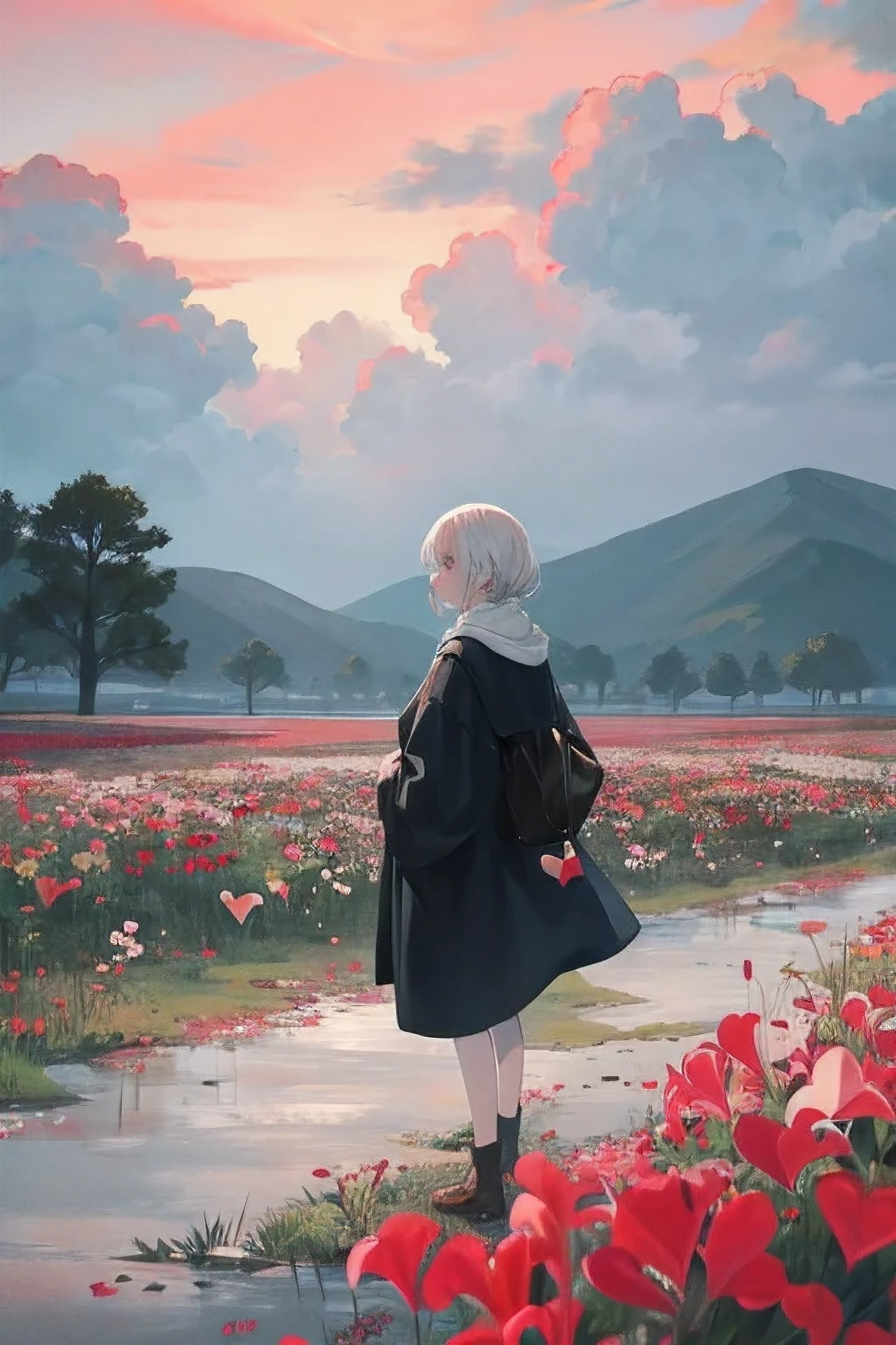 A cover art for a poetry book, featuring a poignant depiction of bleeding heart flowers, beautifully illustrated with minimalist design. The flowers, their vibrant crimson hues stark against the muted backdrop, symbolize profound emotion and nostalgia. The painting art of the sky and clouds above is equally captivating, with the gloomy day at the country side adding a sense of melancholy. The illustrations are meticulously rendered, the subtle shades and textures of the weather-beaten landscape bringing the scene to life. The minimalist design allows the bleeding heart flowers and the moody sky to take center stage, creating an atmosphere of introspection and contemplation, perfect for the poetry within