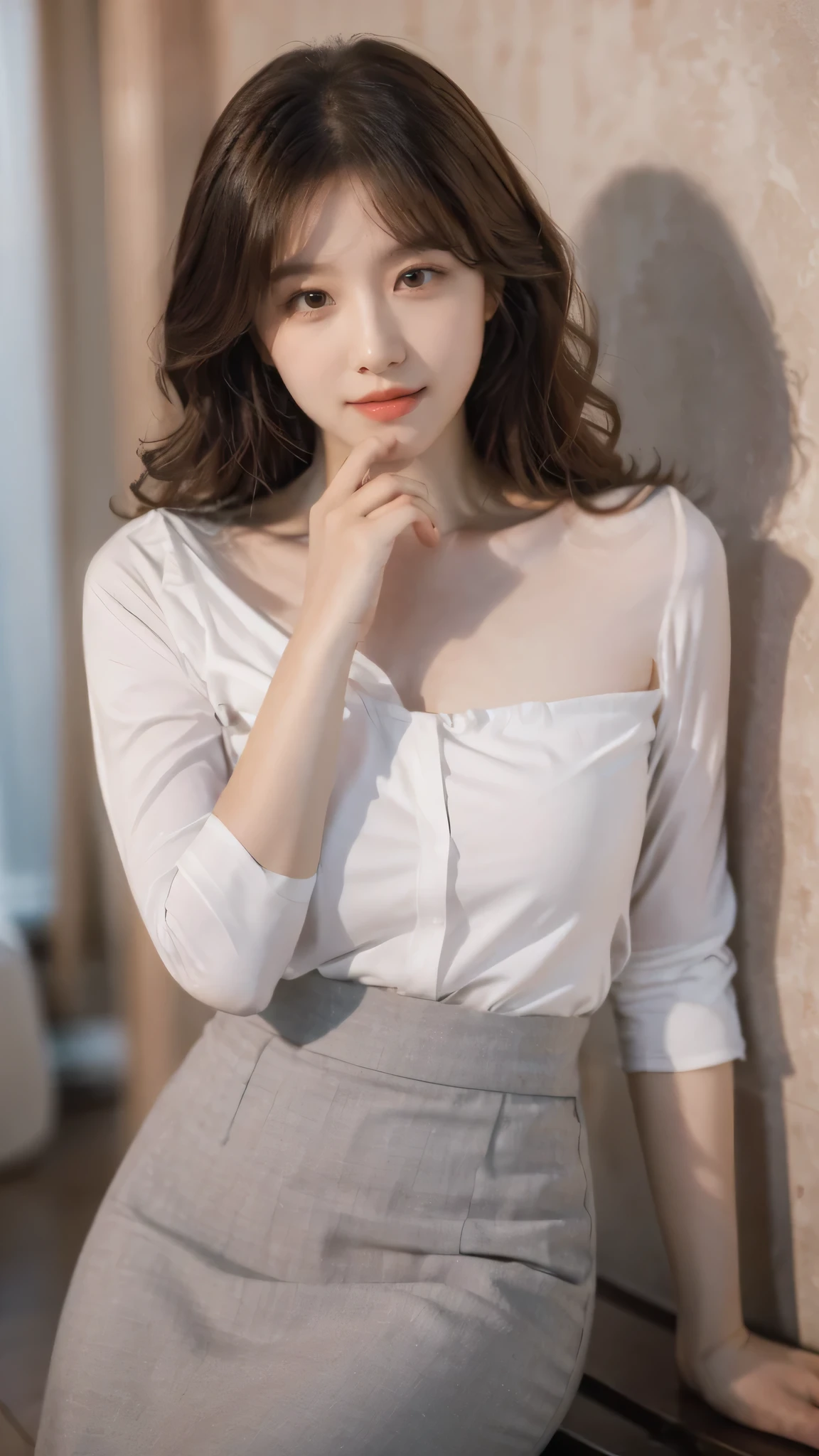 detailed background, masterpiece, best quality, 1 person , curly hair, long hair, purple eyes, star in eye , grey Strapless blouse, long skirt, grey, tight