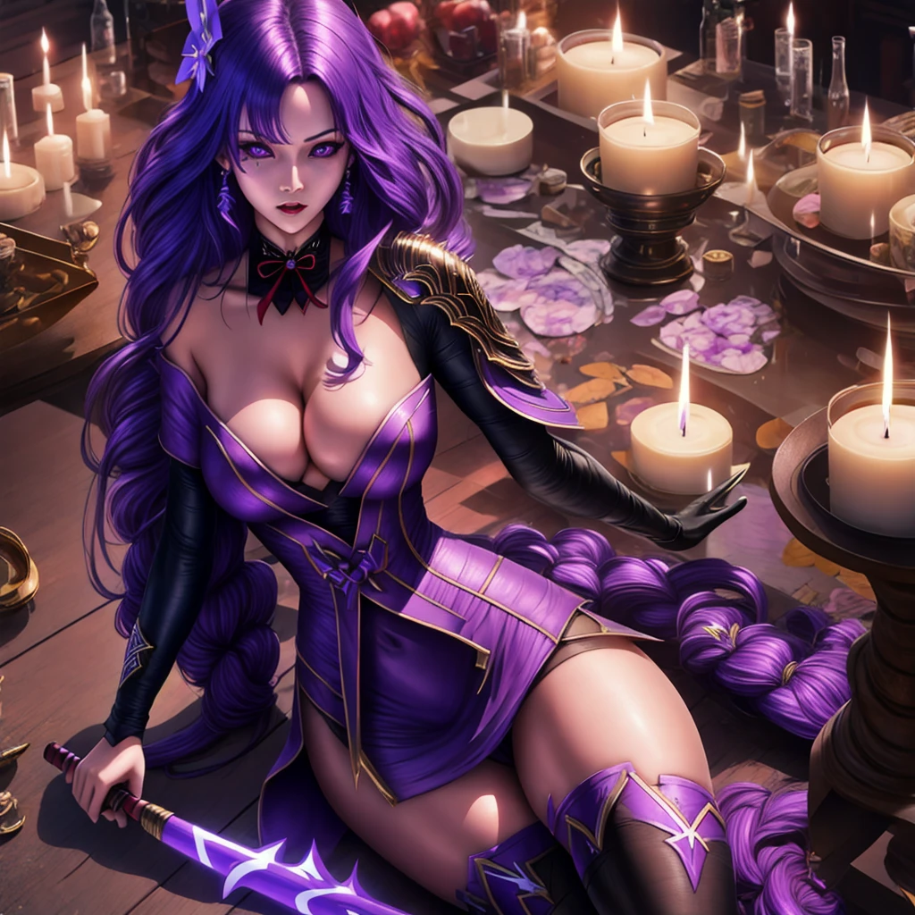 Raiden from genshin impact, castle in the background, ((Best quality)), ((masterpiece)), (detailed), ((perfect face)), ((halfbody)) perfect proporcions, sologirl, 1girl, she is a cute vampire god, 18 years old, long purple hair, she is naked, there is a background of a gothic room with lit candles, he has an erect penis, she is sexy ((perfect face)), whip, purple eye