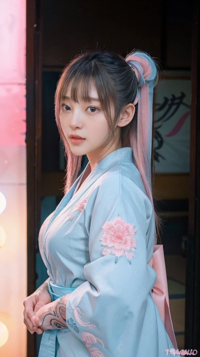 Georgeous, Beautiful, Cutes, , 20 Years Old, White Skin, ((Pink-Blue Pastel Coloured)), Japanese Kimono, Embroidery Kimono, Muscles, Athletic, Girly, Japanese Vintage Background, Twintails, Hair with Bangs, Open Mouth, Masterpiece, Adorable, Beautiful Large Eye, Dramatic Vintage Lighting, (Yakuza Tattoo), ((Tattooed:1.1)), HDR, Fish Gape Selfie