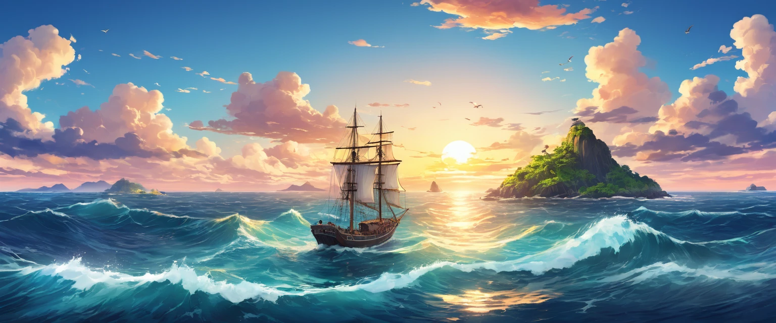 ocean，Rough seas，There is a small island in the center，Beautiful sunset against the island，A small wooden sailboat is heading towards the island。Bird's eye view composition，Panorama pictures，Scene screen，Game concept art style，Anime illustration style，HD，4K。