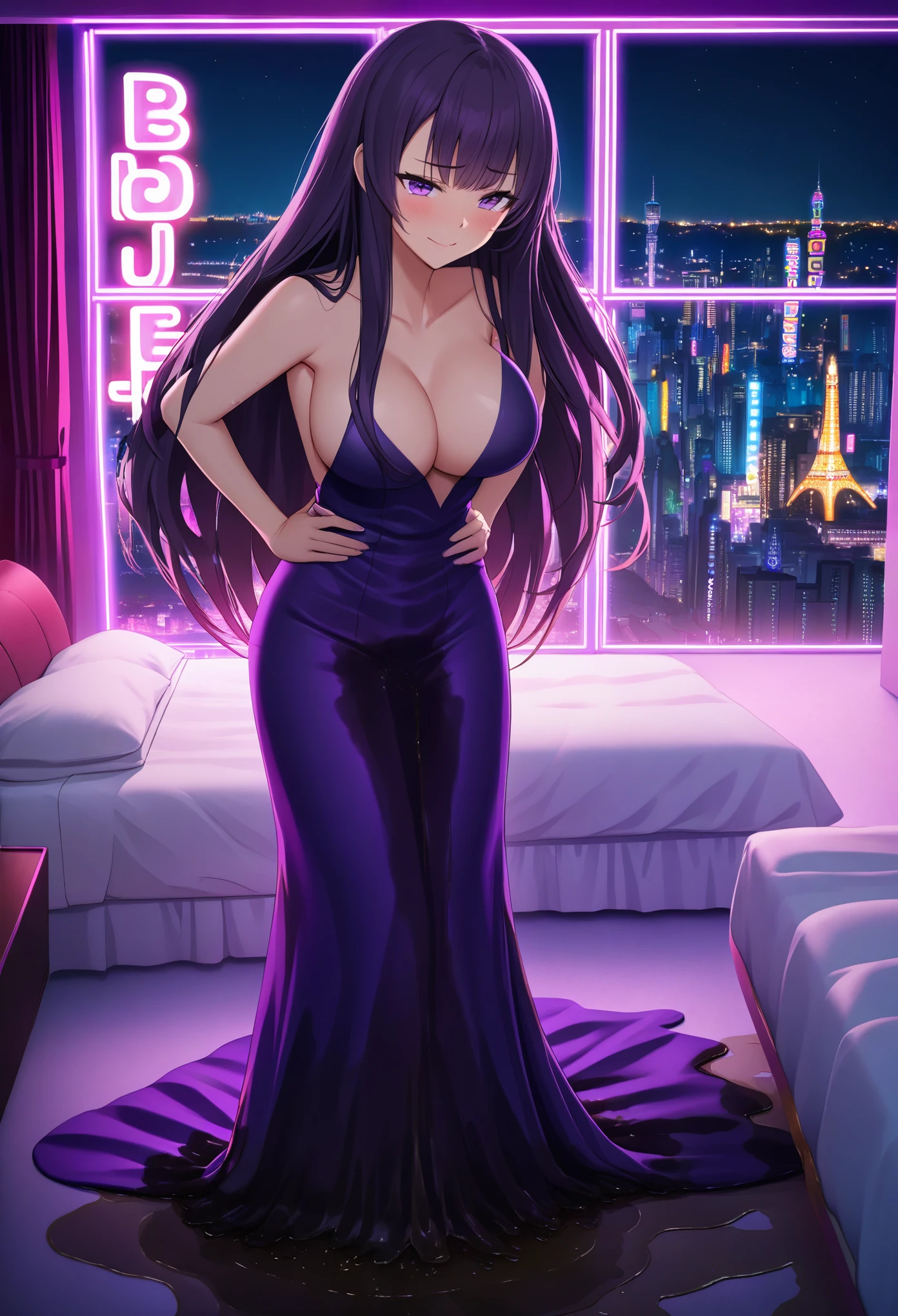 woman, very dark purple hair, purple eyes, long hair, breasts, very long dress, very tight dress, (standing:1.5), (wetting herself:1.5), best quality, ultra-detailed, HDR, studio lighting, professional, vivid colors, sharp focus, bokeh, landscape, love hotel, bed, night, window, cityscape, colorful city, neon lights, futuristic, science fiction, soft lighting, dynamic shadows, (embarrassed:1.25), (humiliation:1.25), (blushing:1.25), (naughty face:1.25), (seductive expression:1.25), facing viewer, (hands on hips:1.5)