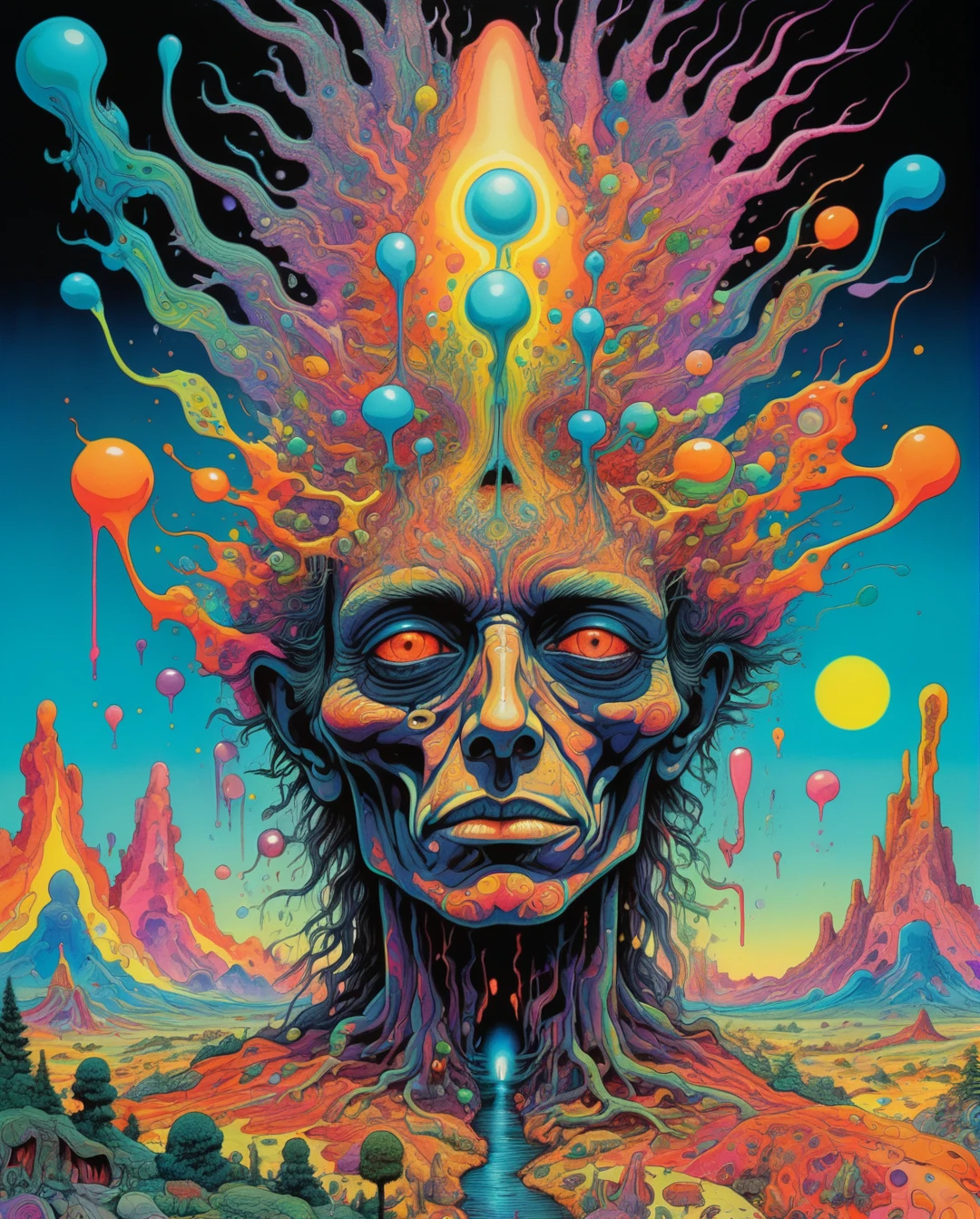 Mobis (Jean Giraud) Style - A picture by Jean Giraud Mobis, psychedelic abstract art, mind-bending, melting, vivid colors, a pop art painting inspired by Michael Deforge, dan mumford, tumblr, psychedelic art, psychedelic illustration, psychedelic acid trip, psychedelic trip, retro psychedelic illustration, psychedelic art style, psychedelic style, surreal psychedelic design, lsd trip, psychedelic fever dream, psychedelic lsd, shamanic horror lsd art, psychotropic psychedelic