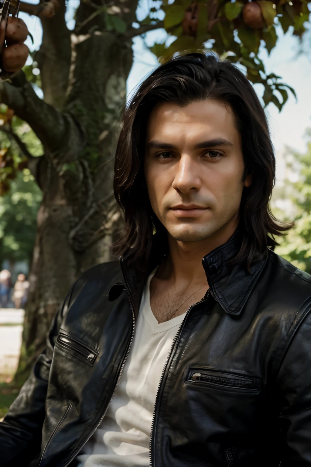 Man 36 years Munich Photorealistic dark hair no beard casual beer in hand black leather jacket in summer under a chestnut tree profile picture