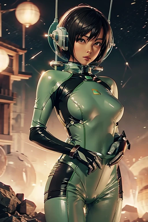 a short hair beautiful nude asian woman, wearing a tight green, transparent, hi-tech, spacesuit. the suit is open on the front showing her breast