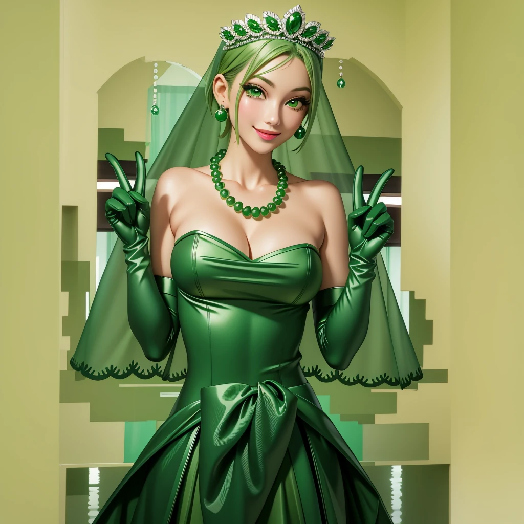 Emerald tiara, Green Pearl Necklace, ボーイッシュな非常に短いGreen Hair, Green Lips, Smiling Japanese woman, Very short hair, Busty beautiful lady, Green Eyes, Green satin long gloves, Green Eyes, Emerald Earrings, Green veil, all, Green Hair, Beautiful Japanese Women, green lip gloss