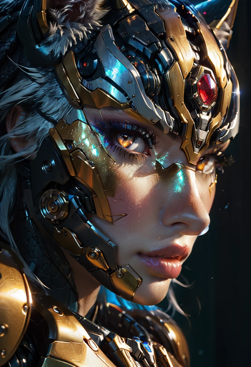 a portrait of a mechanical creature (( mechanical female, anthro wolf: 1.5), ((full body: 1.5)), ((anatomically correct: 1.5)), (ultra detailed face: 1.2), looking feral, looking dangerouse,  yellow eyes. dynamic fur color, glowing eyes, wearing mech armor, delicate armor, wearing high heeled boots, cyberpunk street background, vibrant, Ultra-high resolution, High Contrast, (masterpiece:1.5), highest quality, Best aesthetics), best details, best quality, highres, 16k, (ultra detailed: 1.5), masterpiece, best quality, (extremely detailed) RAW, (ultra details, Masterpiece, best quality),MechanicusStyleAI, Hyperrealism style, anime