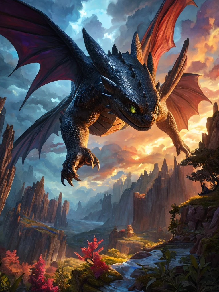 a toothless dragon, watercolor painting, detailed scales, wings outstretched, flying through clouds, fantasy landscape, dramatic lighting, vibrant colors, lush foliage, magical atmosphere, (best quality,8k,highres,masterpiece:1.2),ultra-detailed,(realistic,photorealistic,photo-realistic:1.37),intricate details,dynamic composition,dramatic shadows,glowing highlights,ethereal,fantasy art,digital painting