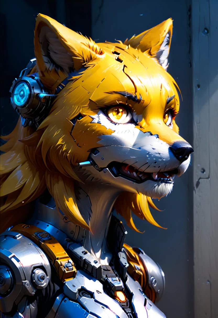 a portrait of a mechanical creature (( mechanical female, anthro wolf: 1.5), ((full body: 1.5)), ((anatomically correct: 1.5)), (ultra detailed face: 1.2), looking feral, looking dangerouse,  yellow eyes. dynamic fur color, glowing eyes, wearing mech armor, delicate armor, wearing high heeled boots, cyberpunk street background, vibrant, Ultra-high resolution, High Contrast, (masterpiece:1.5), highest quality, Best aesthetics), best details, best quality, highres, 16k, (ultra detailed: 1.5), masterpiece, best quality, (extremely detailed) RAW, (ultra details, Masterpiece, best quality),MechanicusStyleAI, Hyperrealism style, anime