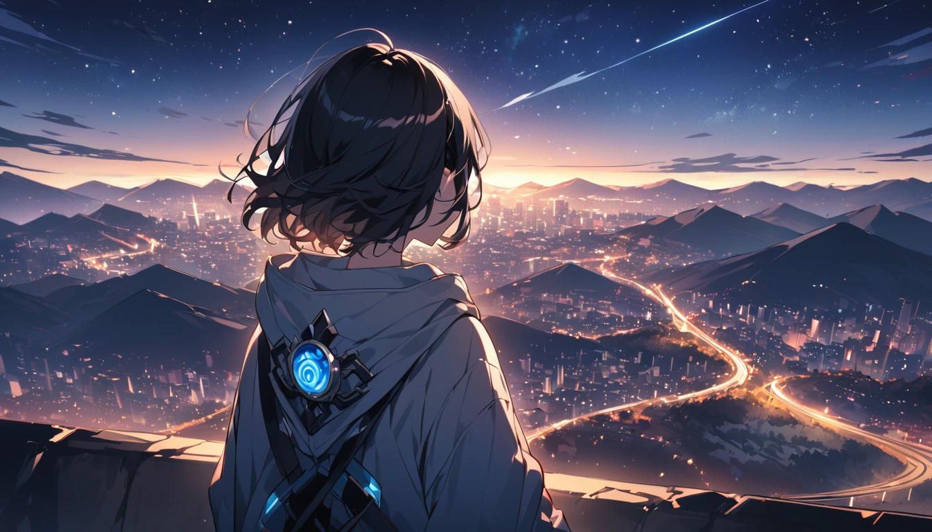Starry Sky、One woman、Black Hair、Short Hair、Hair blowing in the wind、Wearing a hoodie、Back view、Full body portrait、Overlooking the city from the top of the mountain、Vision