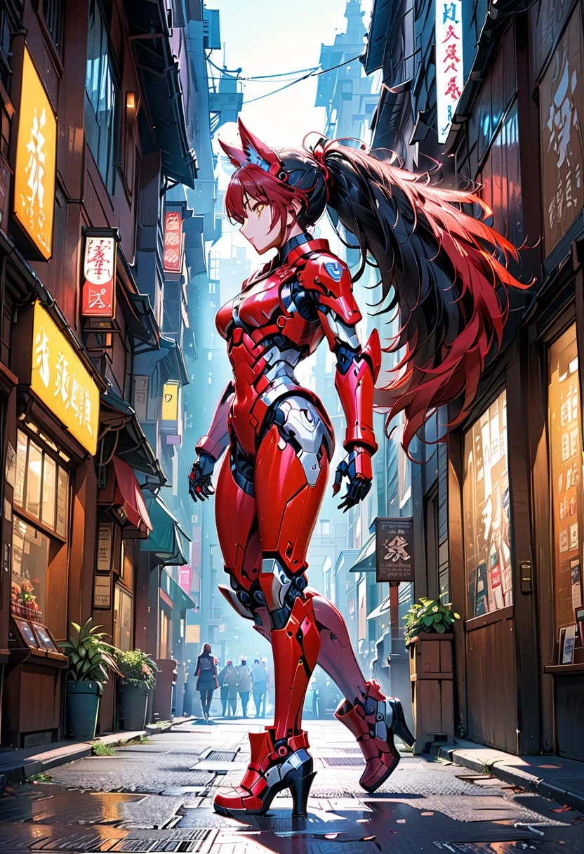 a portrait of a mechanical creature (( mechanical female, anthro wolf: 1.5), ((full body: 1.5)), ((anatomically correct: 1.5)), (ultra detailed face: 1.2), looking feral, looking dangerouse, yellow eyes. dynamic fur color, glowing eyes, wearing mech armor, delicate armor, wearing high heeled boots, cyberpunk street background, vibrant, Ultra-high resolution, High Contrast, (masterpiece:1.5), highest quality, Best aesthetics), best details, best quality, highres, 16k, (ultra detailed: 1.5), masterpiece, best quality, (extremely detailed) RAW, (ultra details, Masterpiece, best quality),MechanicusStyleAI, Hyperrealism style, anime