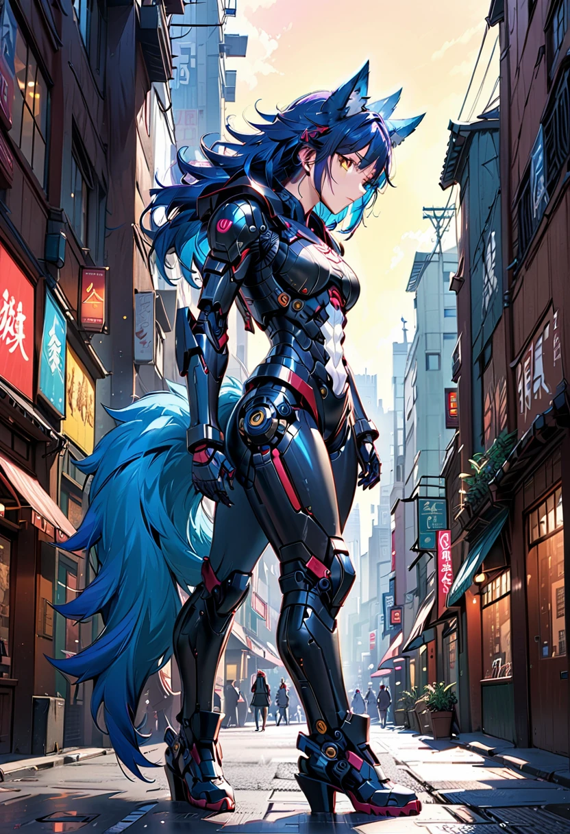 a portrait of a mechanical creature (( mechanical female, anthro wolf: 1.5), ((full body: 1.5)), ((anatomically correct: 1.5)), (ultra detailed face: 1.2), looking feral, looking dangerouse, yellow eyes. dynamic fur color, glowing eyes, wearing mech armor, delicate armor, wearing high heeled boots, cyberpunk street background, vibrant, Ultra-high resolution, High Contrast, (masterpiece:1.5), highest quality, Best aesthetics), best details, best quality, highres, 16k, (ultra detailed: 1.5), masterpiece, best quality, (extremely detailed) RAW, (ultra details, Masterpiece, best quality),MechanicusStyleAI, Hyperrealism style, anime