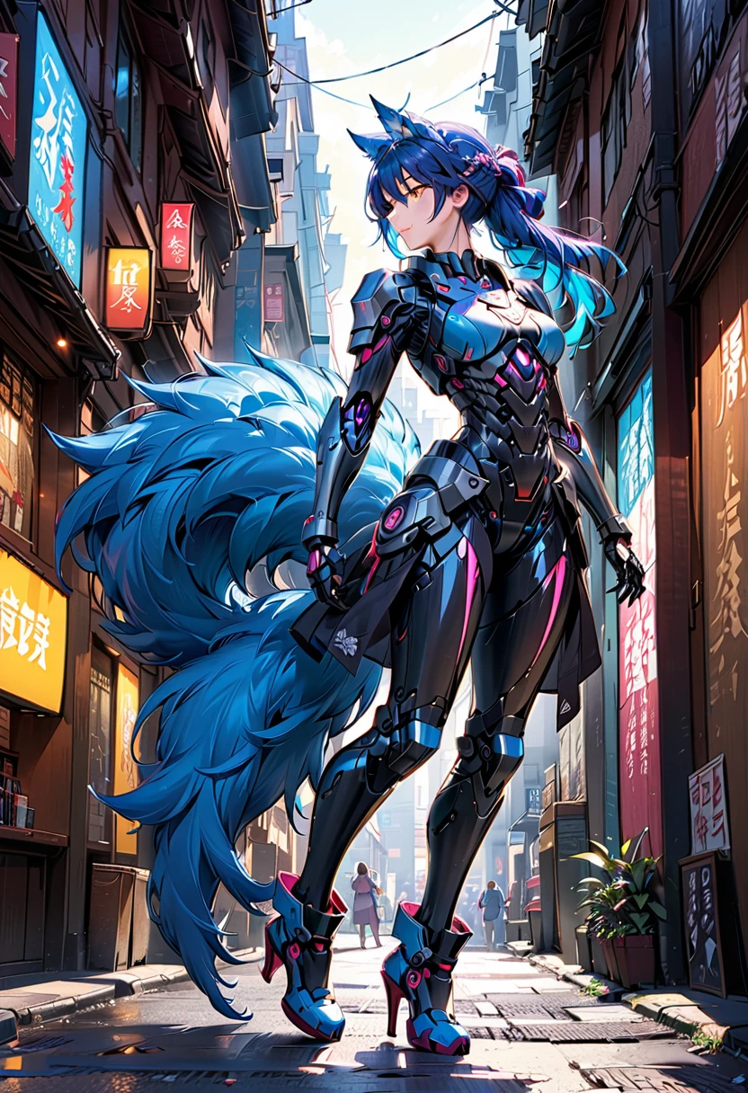 a portrait of a mechanical creature (( mechanical female, anthro wolf: 1.5), ((full body: 1.5)), ((anatomically correct: 1.5)), (ultra detailed face: 1.2), looking feral, looking dangerouse, yellow eyes. dynamic fur color, glowing eyes, wearing mech armor, delicate armor, wearing high heeled boots, cyberpunk street background, vibrant, Ultra-high resolution, High Contrast, (masterpiece:1.5), highest quality, Best aesthetics), best details, best quality, highres, 16k, (ultra detailed: 1.5), masterpiece, best quality, (extremely detailed) RAW, (ultra details, Masterpiece, best quality),MechanicusStyleAI, Hyperrealism style, anime