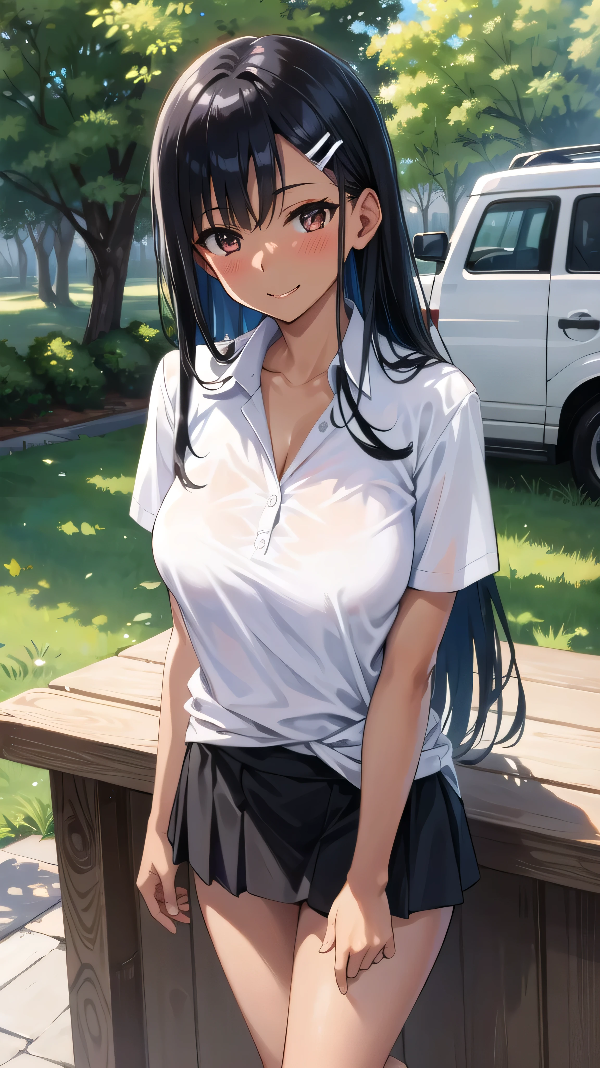 ((best quality)), ((masterpiece)), (details), one girl, sexy ((best quality)), ((masterpiece)), (details), one girl, sexy ((best quality)), ((masterpiece)), (details), one girl, full body, sexy expensive body, expensive, long legs, mature woman, mature, adult, it_nagatoro_main, Hayase Nagatoro, one girl, blushing, alone, white polo shirt, short sleeves, black hair,brown eyes, hair accessory, looking at viewer, hair clip, smiling, long hair, dark skinned woman, dark skin, , bangs, daytime, skirt, collared shirt, collarbone, ear clip, mouth closed, tree, asymmetrical bangs, upper body