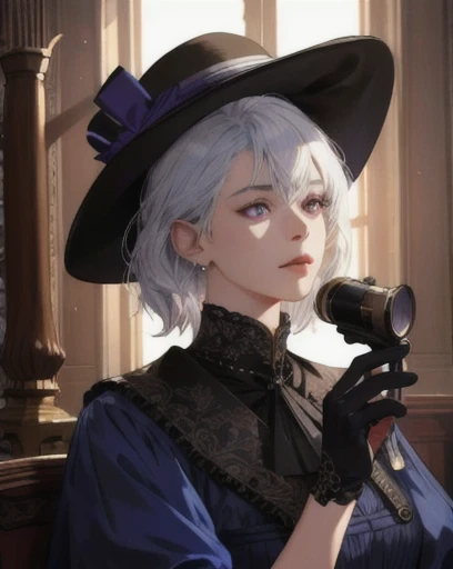 a determined victorian era female merchant looks at her pocket watch, 30 years old, hat, mischievous, blue dress, straight white hair, (binoculars), striking purple eyes, side-swept bangs, long black gloves, detailed realistic portrait, photorealistic, hyperrealistic, 8k, detailed clothing, beautiful detailed eyes, beautiful detailed lips, extremely detailed face, intricate ornate details, cinematic lighting, dramatic shadows, warm color tones, natural lighting, highly detailed, masterpiece, artstation, sharp focus, hyper detailed,