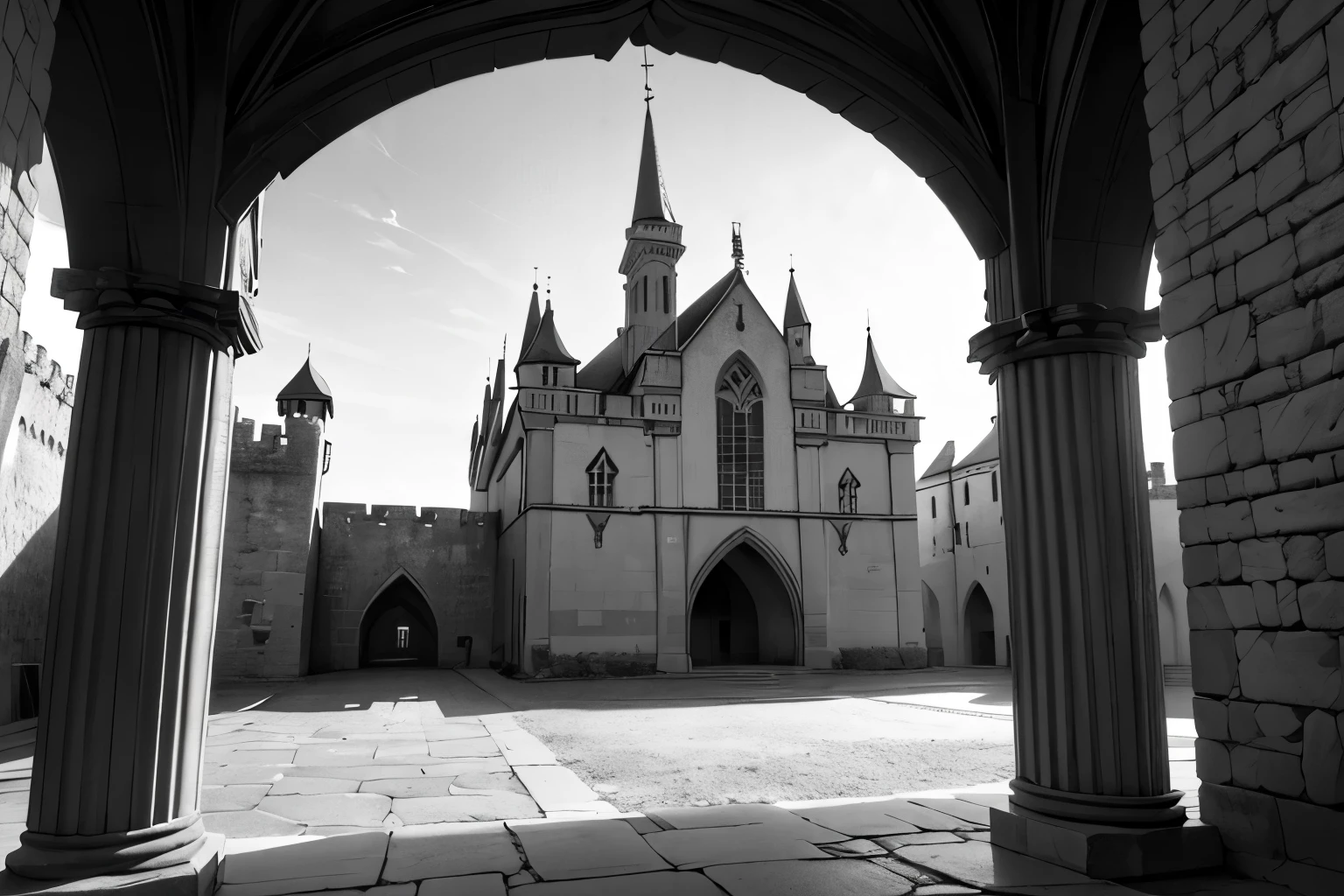 (best quality,4k,8k,highres,masterpiece:1.2),ultra-detailed,(realistic,photorealistic,photo-realistic:1.37),black and white,detailed and intricate medieval castle interior,castle architecture,stone walls,arrow slits,crenellations,archways,ornate stonework,medieval era,view from inside castle walls, dawn dramatic light
