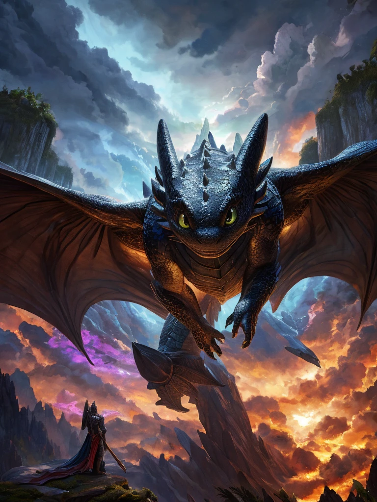 a toothless dragon, watercolor painting, detailed scales, wings outstretched, flying through clouds, fantasy landscape, dramatic lighting, vibrant colors, lush foliage, magical atmosphere, (best quality,8k,highres,masterpiece:1.2),ultra-detailed,(realistic,photorealistic,photo-realistic:1.37),intricate details,dynamic composition,dramatic shadows,glowing highlights,ethereal,fantasy art,digital painting