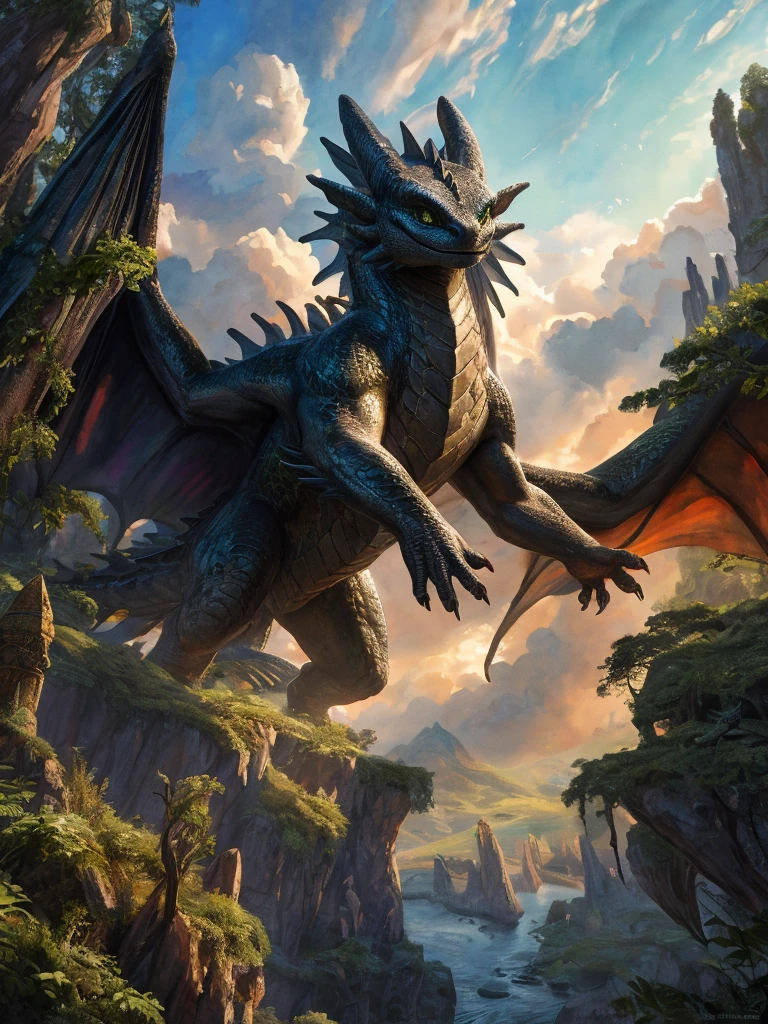 a toothless dragon, watercolor painting, detailed scales, wings outstretched, flying through clouds, fantasy landscape, dramatic lighting, vibrant colors, lush foliage, magical atmosphere, (best quality,8k,highres,masterpiece:1.2),ultra-detailed,(realistic,photorealistic,photo-realistic:1.37),intricate details,dynamic composition,dramatic shadows,glowing highlights,ethereal,fantasy art,digital painting