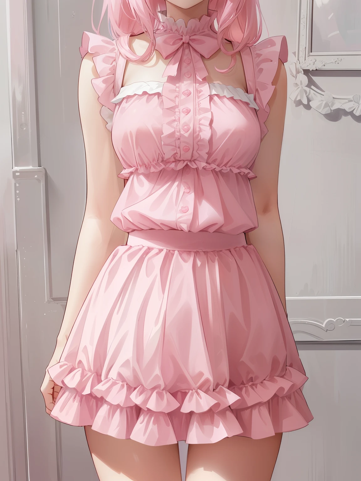 a close up of a woman wearing a pink top and skirt, pink clothes, frilly outfit, pink pastel, ((pink)), pastel pink, pink skirt, frill, pink, light pink, multilayered outfit, pink mini-skirt, pink girl, pink body, frills, soft cute colors, cute top, with soft pink colors, pink vibe