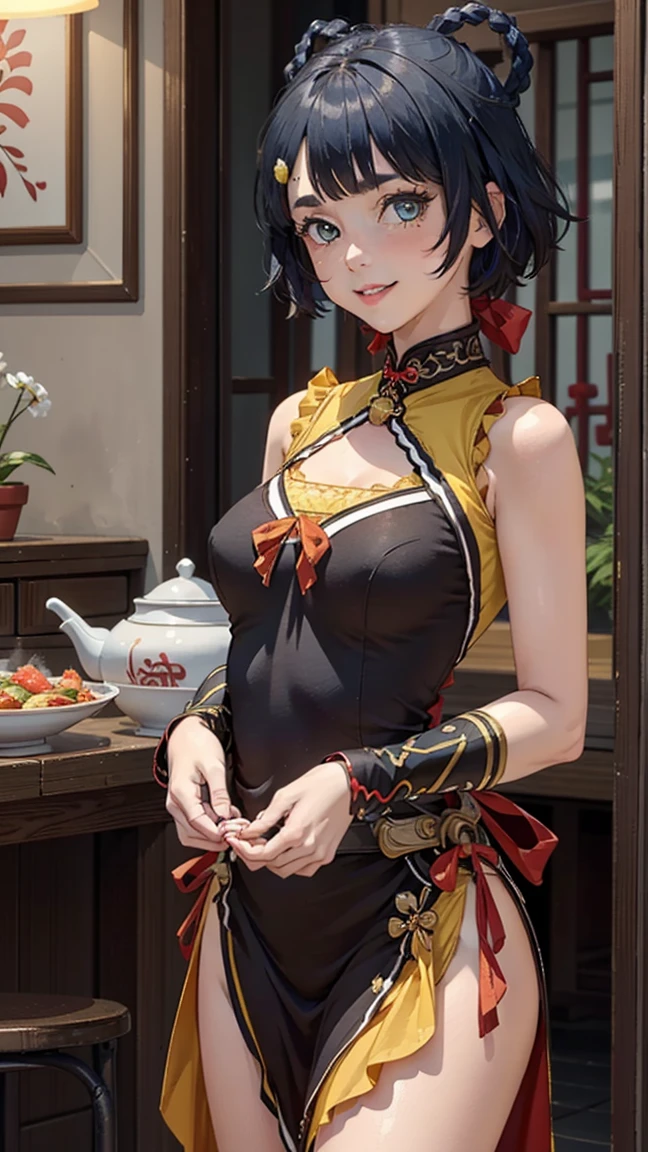 young girl, short brown hair, xianglingdef,(masterpiece:1.2), best quality, high resolution, unity 8k wallpaper, (beautiful detailed eyes:1.6), extremely detailed face, extremely detailed CG, (perfect hands, perfect anatomy), perfect breasts, thigh dress, (pokies visible), joyful, laughing, hot and spicy, Happy, in a old traditional Chinese restaurant