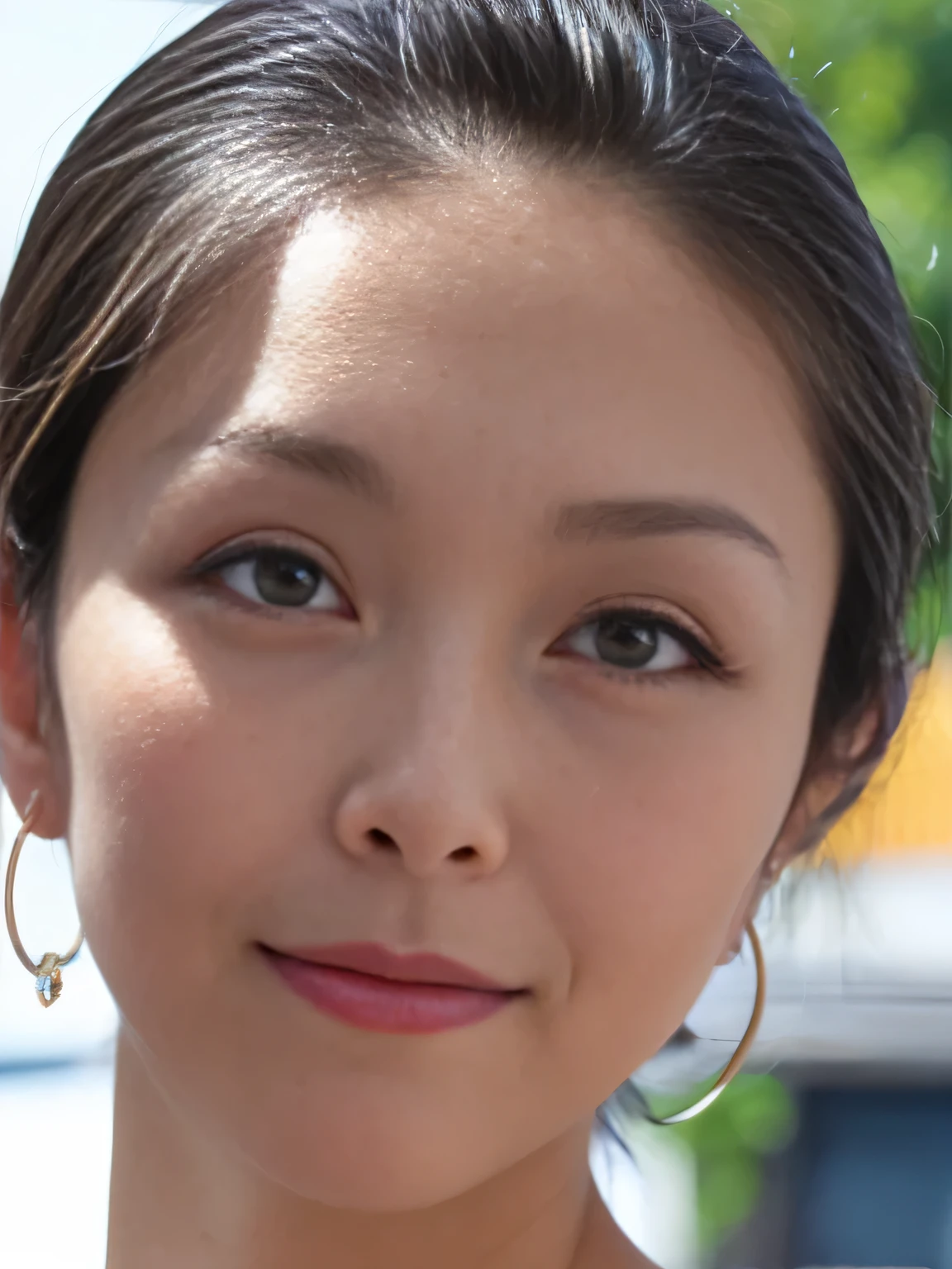 (Surprised:1.4)、A 38-year-old Japanese woman、(Close-up of face:1.4)、Open your mouth、Surprised with eyes wide open、Hoop Earrings, Brown Hair, short hair, hair slicked back, Perfect Makeup、eyeliner, eye shadow, Lip gloss, Depth of written boundary, uhd, Skin Texture, Super Detail, High Detail, Highest quality, 16K, It is in the center of the photo、