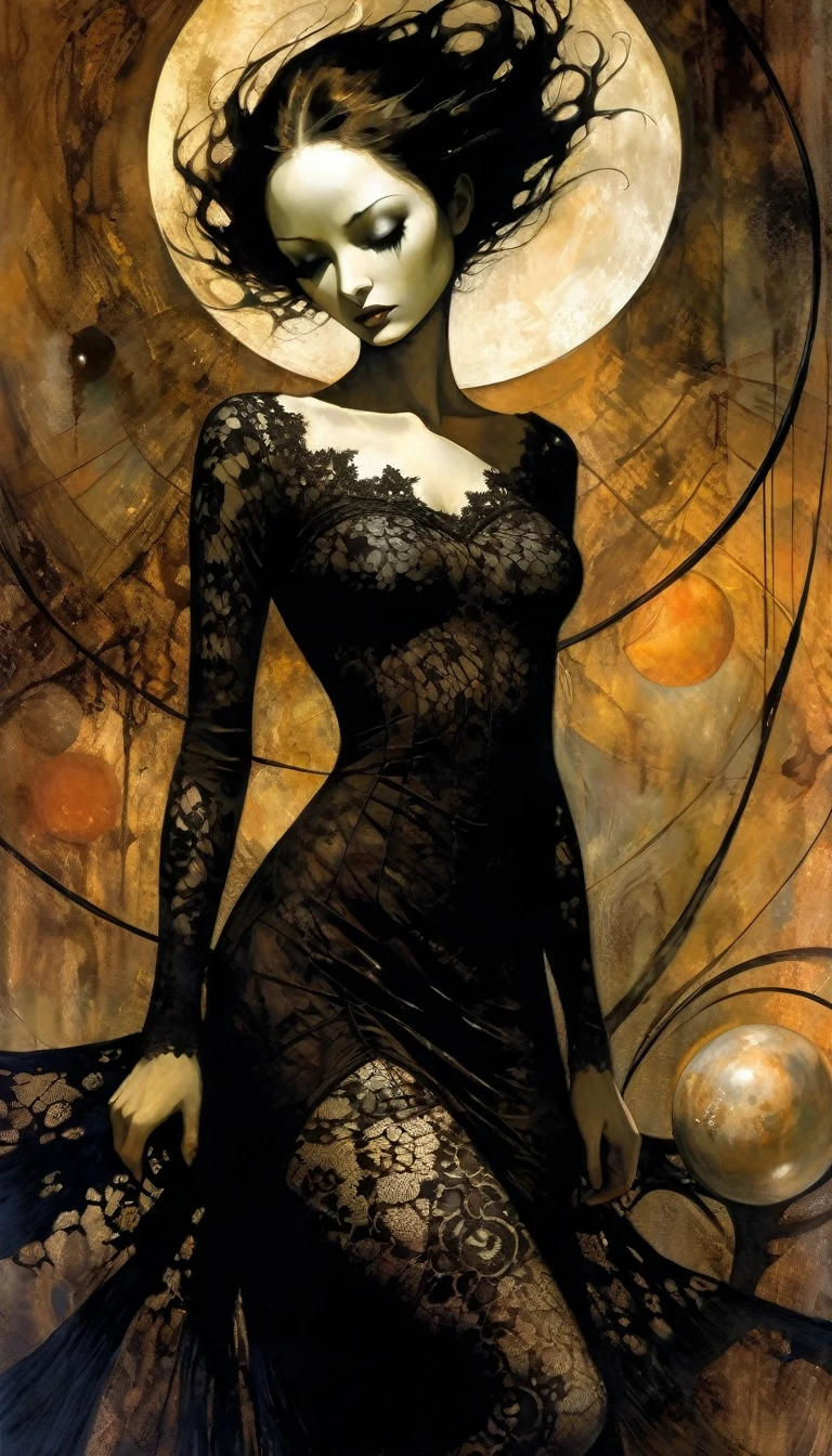 the sexy death, magic, surrealism, impressionism, planets, cosmos, fantasy, sexy lace dress,,eroticism, sexy, black and white image, between shadows, oil painting, chiaroscuro, sensual, dramatic lighting, moody atmosphere, photorealistic, intricate details, masterpiece, ultra-detailed, high quality, 8k, best quality, realistic, cinematic, dark and brooding, expressionistic, powerful composition, emotional impact, art inspired by Dave Mckean
