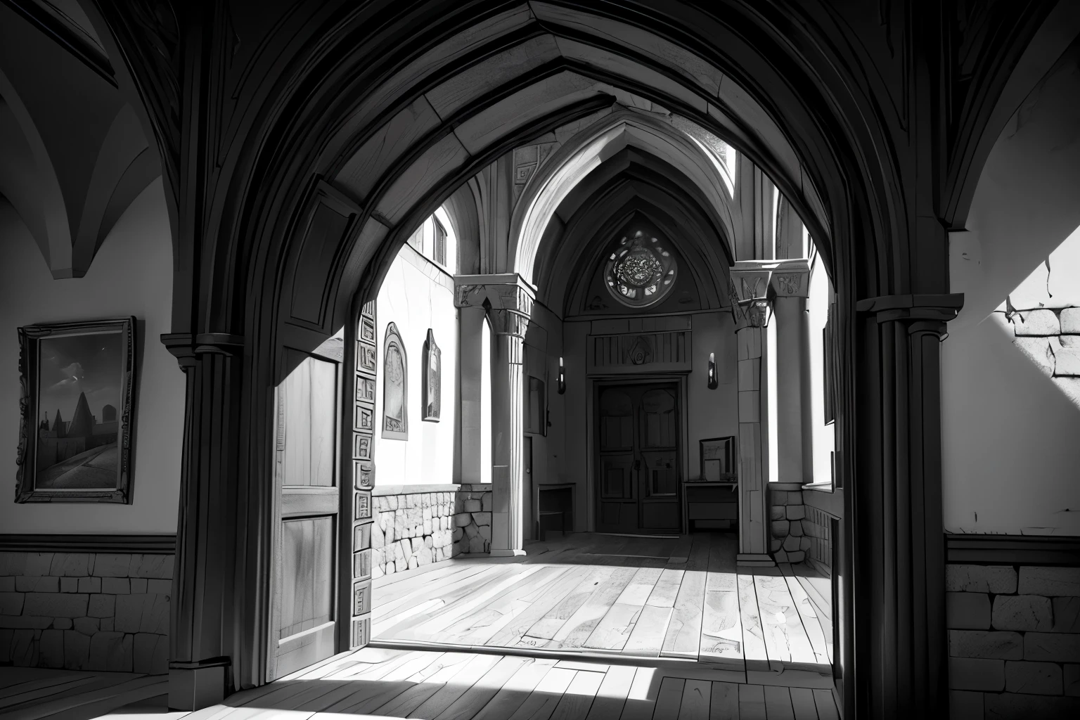 (best quality,4k,8k,highres,masterpiece:1.2),ultra-detailed,(realistic,photorealistic,photo-realistic:1.37),black and white,detailed and intricate medieval castle interior,castle architecture,stone walls,arrow slits,crenellations,archways,ornate stonework,medieval era,view from inside castle walls, dawn dramatic light