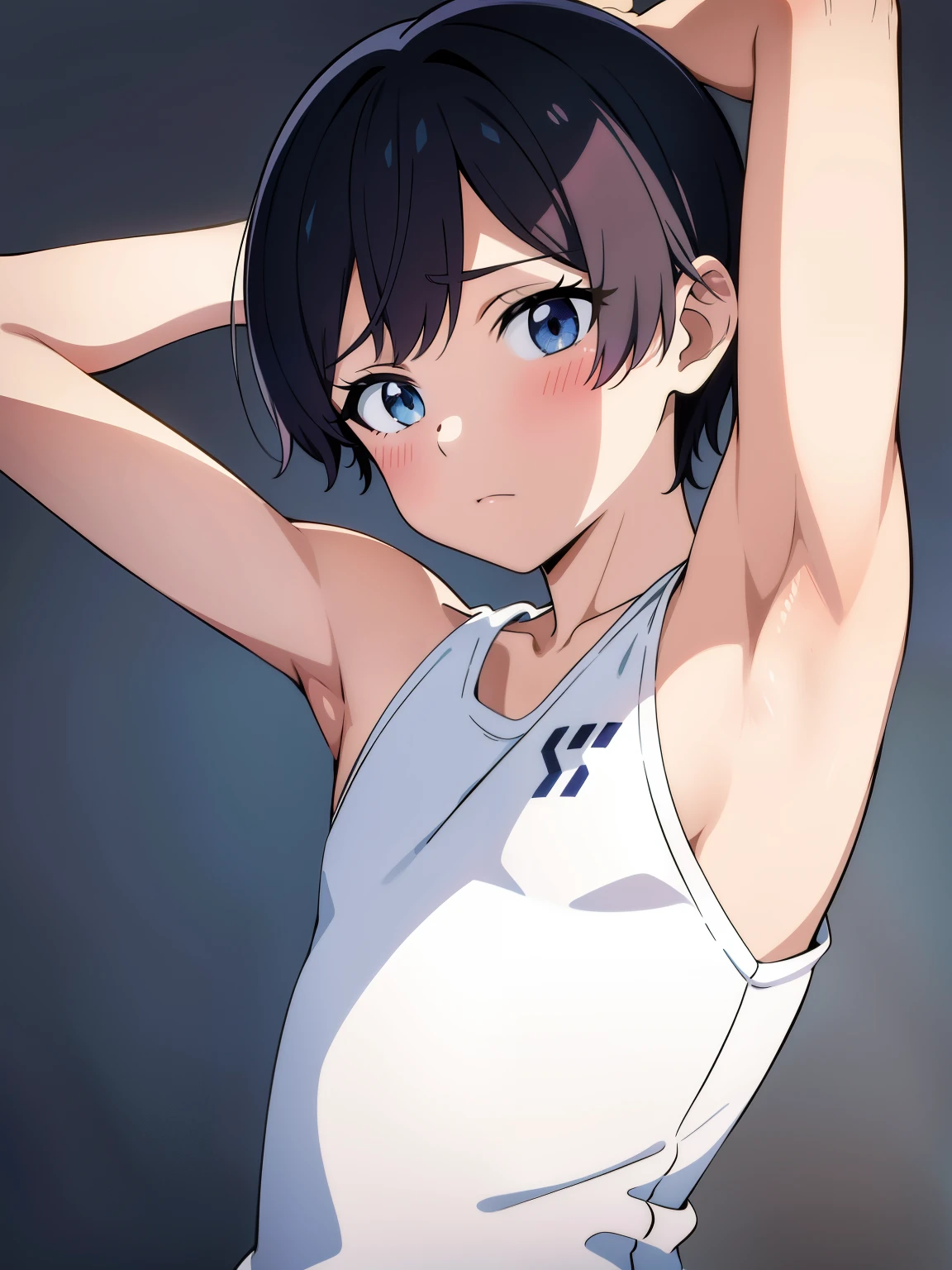 Highres, Masterpiece, Best quality at best,Best Quality,hight quality, hight detailed, Anime style, age 12, 1boy, Boy, Shota, Solo person, young boy, upper body, slim body, Sleeveless shirt, bare shoulder, grey background, (Showing armpit:1.3), Give me a picture of the armpit of a young boy, the armpit looks clean and smells good, the armpit is very beautiful, the boy is teasing using his armpit, shine closer to the armpit, Cute armpit, Sexy armpit, seductive armpits, Such a cute smooth armpit, The armpits of a 12 year old boy, Adorable little armpits, Give me a proportional picture of a 12 year old boy's armpits, (very young boy), (Very small and short body), uhd, bokeh