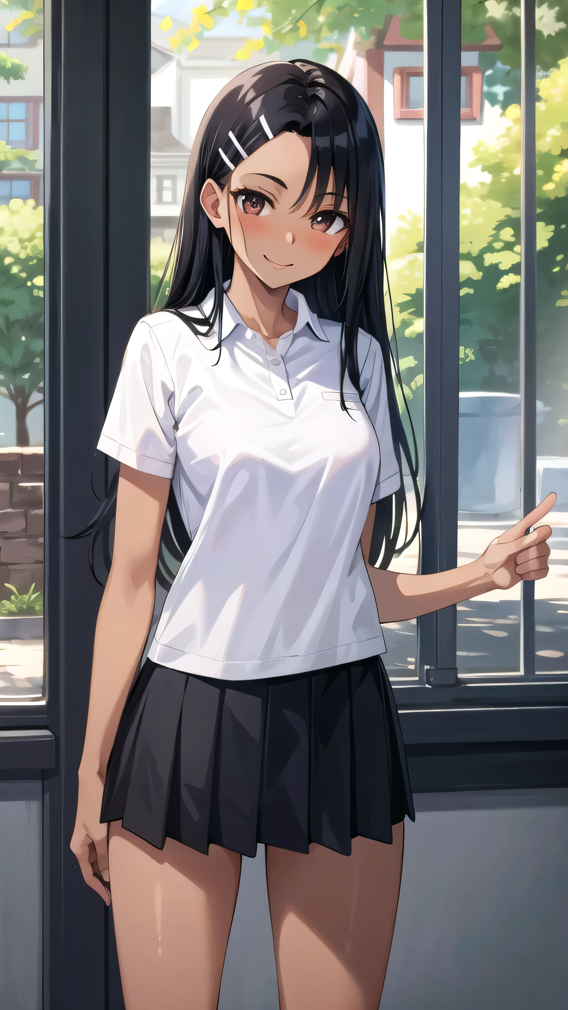 ((best quality)), ((masterpiece)), (details), one girl, sexy ((best quality)), ((masterpiece)), (details), one girl, sexy ((best quality)), ((masterpiece)), (details), one girl, full body, sexy expensive body, expensive, long legs, mature woman, mature, adult, it_nagatoro_main, Hayase Nagatoro, one girl, blushing, alone, white polo shirt, short sleeves, black hair,brown eyes, hair accessory, looking at viewer, hair clip, smiling, long hair, dark skinned woman, dark skin, , bangs, daytime, skirt, collared shirt, collarbone, ear clip, mouth closed, tree, asymmetrical bangs, upper body