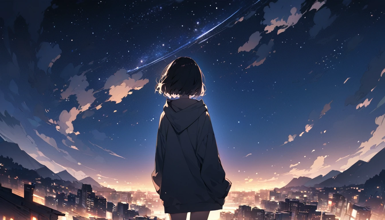 Starry Sky、One woman、Black Hair、Short Hair、Hair blowing in the wind、Wearing a hoodie、Back view、Full body portrait、Overlooking the city from afar