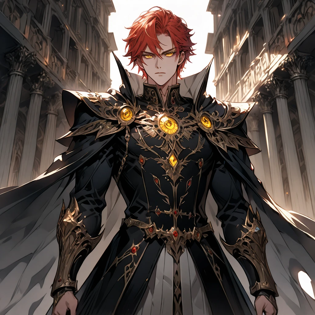 male face, red hair, yellow eyes, extremely detailed eyes, perfect eyes, extremely detailed face, black overcoat, powerful cape, RPG style, broad shoulders, upright posture, facing the image, 8k.