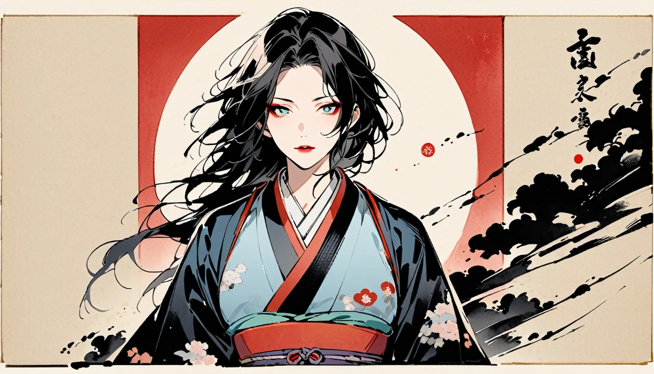 (((Ink Painting))), (((Japan刀))), (((1 girl))), (((Flashy makeup))), (((warrior))), (((Izanami))), Japan人の美少女, Black Hair, Delicate and precise, Modern ukiyo-e style,Japan, Japanese flag